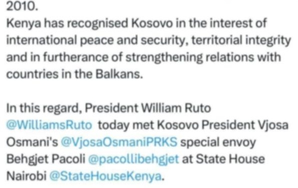 Kenia thotë se Pacollin e kanë pranuar si të deleguar të Presidentes Osmani