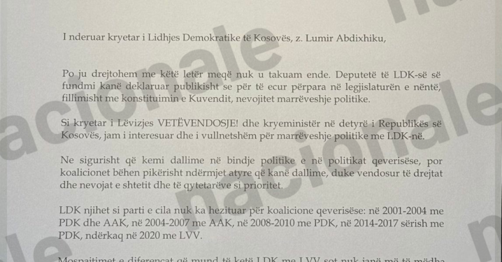 Albin Kurti fton Lumir Abdixhikun për koalicion (Letra e plotë)