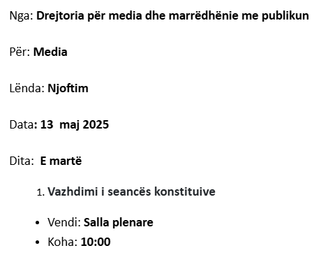 Kuvendi njofton për seancën e nesërme