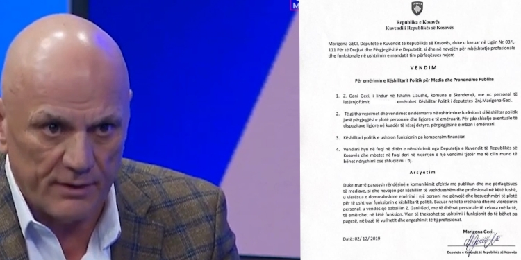 Gani Geci publikon për herë të parë vendimin e Marigona Gecit për emërimin e tij si këshilltar politik