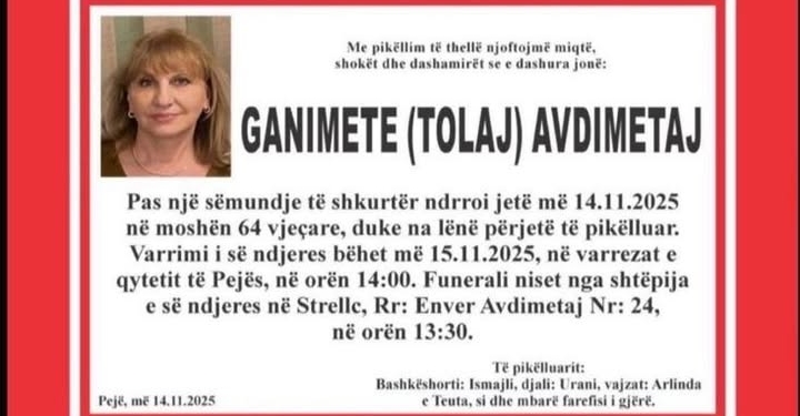 Ndërron jetë punëtorja administrative e Spitalit të Përgjithshëm në Pejë, Ganimete Avdimetaj