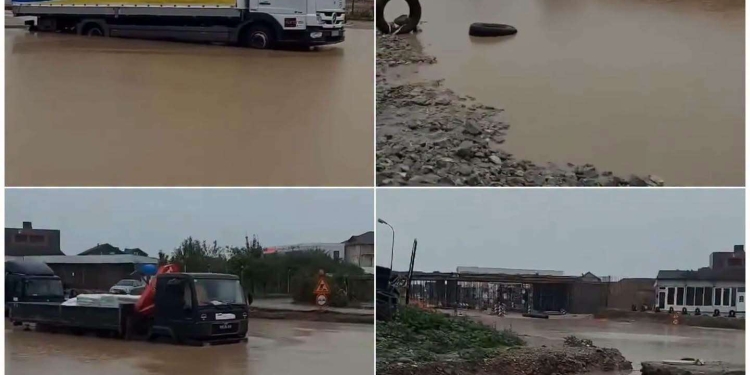 Vërshimet bllokojnë kamionët në rrugën Ferizaj–Shkup, uji mbulon segmentin rrugor